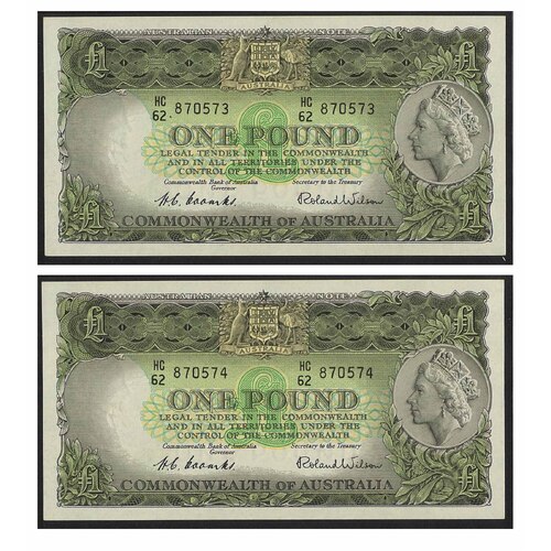 Commonwealth of Australia 1953 £1 Banknote Coombs/Wilson R33 Consecutive Pair UNC P-24 