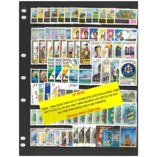 St. Kitts 1980-86 Selection of 17 Complete Commemorative Sets 88 Stamps MUH #494