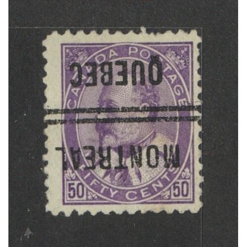 Canada: 1908 KEVII 50c With Montreal Pre-Cancel Single Stamp SG 187 FU #BR332