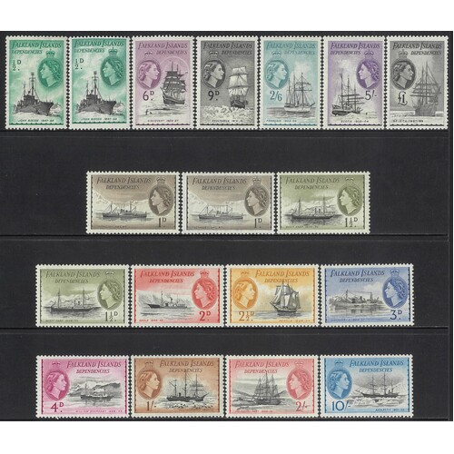 Falkland Islands Dependencies: 1954-1962 QE Pictorials Set/15 Stamps SG G26/40(18) #BR342