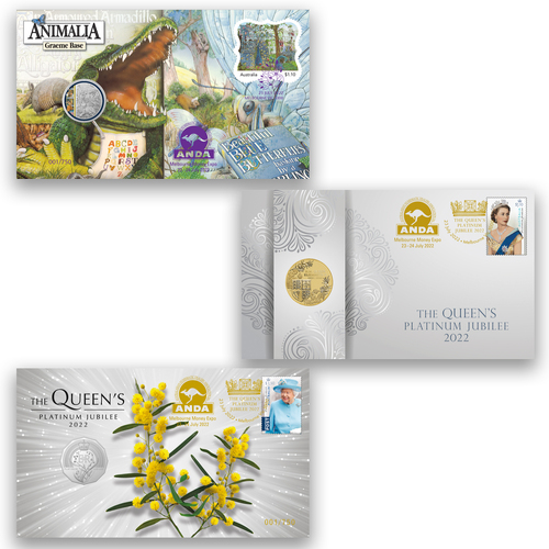 Australia 2022 Melbourne ANDA Set/3 PNCs W/Matching Numbers QEII Platinum Jubilee 50c & $1, Animalia 20c