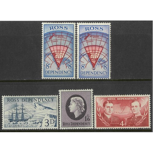 Ross Dependency: 1957 Set/4 Stamps Plus 8d Shade SG 1/4 MUH(5) #BR385
