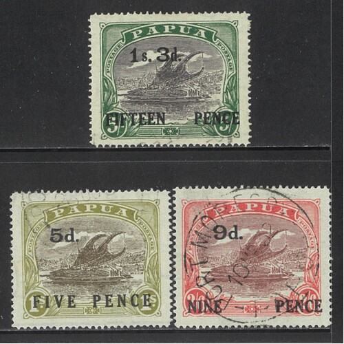 Papua: 1931 Surcharges 1/3 ON 5/-, ASH PRTG 5d ON 1/-, 9d ON 2/6 SG 123, 125/26 FU #BR401