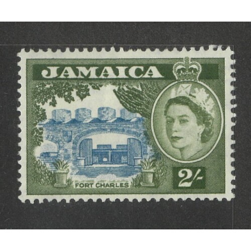 Jamaica: 1956 QE/Fort 2/- Blue And Bronze-Green Single Stamp SG 170 MLH #BR428