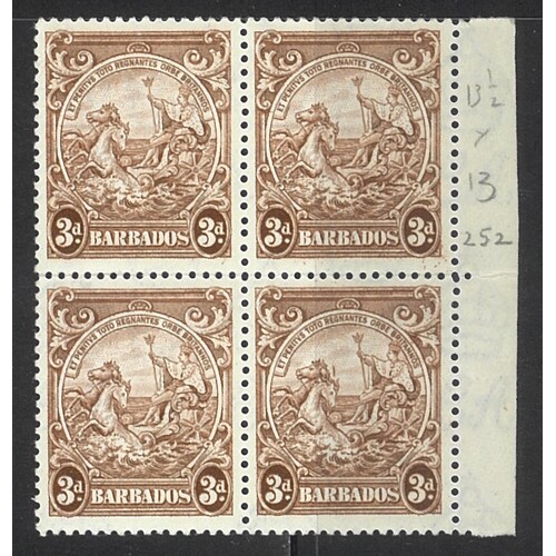 Barbados: 1938 Badge 3d Brown P13½x13 Marginal Block/4 SG 252/52a MUH #CD20