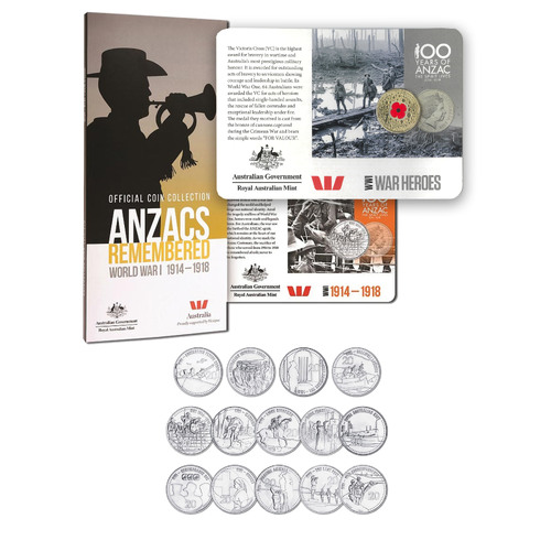 Australia 2015 ANZAC Remembered WWI Set of 15 Incl. $1 Red Poppy & 14x 20c Coins in Folder