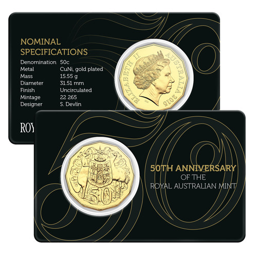 Australia 2015 50th Anniversary Of The Royal Australian Mint  50c Gold Plated UNC 