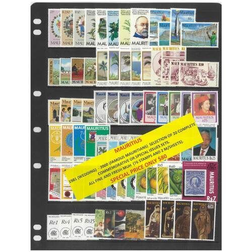Mauritius 1981-2000 Selection of 20 Complete Commemorative Sets 76 Stamps & 2 Mini Sheets MUH #425