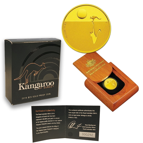 Australia 2016 Kangaroo At Sunset $25 1/5oz Pure Gold Proof Coin RAM Issue