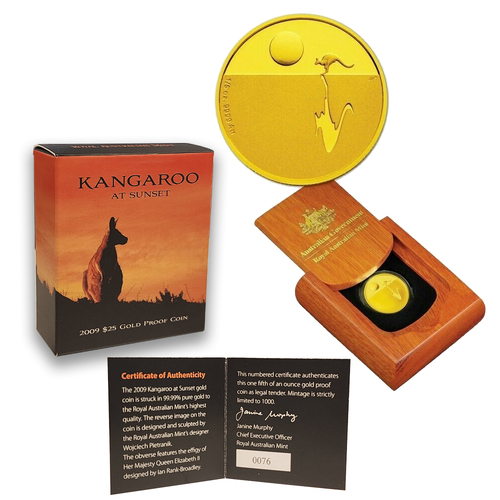 Australia 2009 Kangaroo At Sunset $25 1/5oz Pure Gold Proof Coin RAM Issue