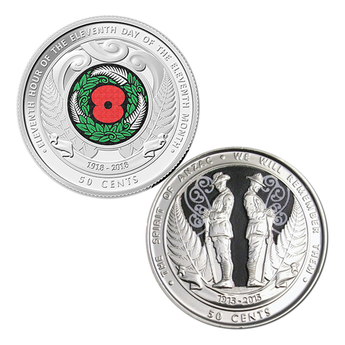 New Zealand - ANZAC Remembrance Pair of Commemorative Coloured 50c Coins UNC
