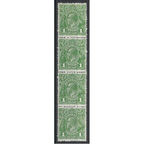Australia KGV Small Multi WMK p14 1d Green Strip/4 Stamps w/ Varieties MLH #1-4C