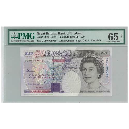 Great Britain 1993 £20 Banknote P387a S/N CL99999949 PMG65 Gem UNC