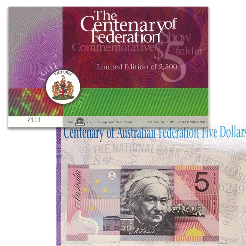 Australia 2001 Melbourne ANDA Show Federation Centenary $5 Banknote UNC in Folder