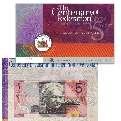 Australia 2001 Adelaide ANDA Show Federation Centenary $5 Banknote UNC in Folder
