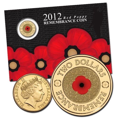 Australia 2012 Red Poppy Remembrance $2 Coloured Uncirculated 'C' Mint Mark Coin Aluminium-Bronze Coin