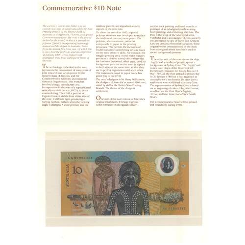 Australia 1988 First Polymer $10 Banknote AA00 Prefix UNC in Folder