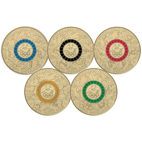 Australia 2016 Olympic Team Set/5 Coloured $2 Coins Collection with Folder