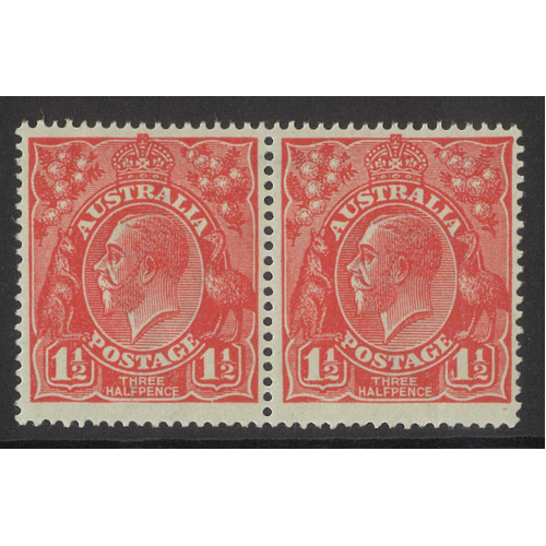 Australia KGV Single Crown WMK 1½d Red Pair Stamps with Variety BW 89D(22)p MUH