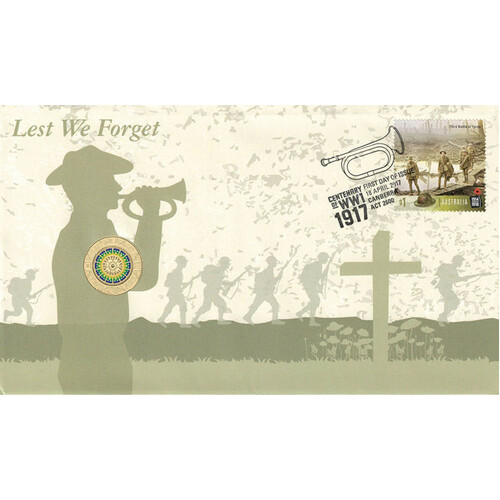 Australia 2017 Centenary Of WWI Lest We Forget Stamp & Coloured $2 Coin Cover - PNC