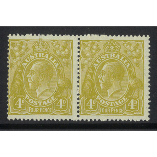 Australia KGV Single Crown WMK 4d Olive Stamp with Variety in Pair MUH #AUBK