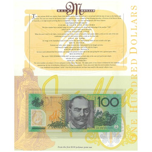 Australia 1996 $100 Polymer Banknote Fraser/Evans AA96 Prefix UNC in Folder