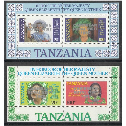 Tanzania 1985 Queen Mother Set/2 Mini Sheets Caribbean Royal Visit ovp MUH 31-19