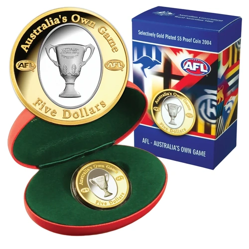 2004 AUSTRALIA FOOTBALL CLUB AFL GOLD PLATED $5 FIVE DOLLARS PROOF COIN 